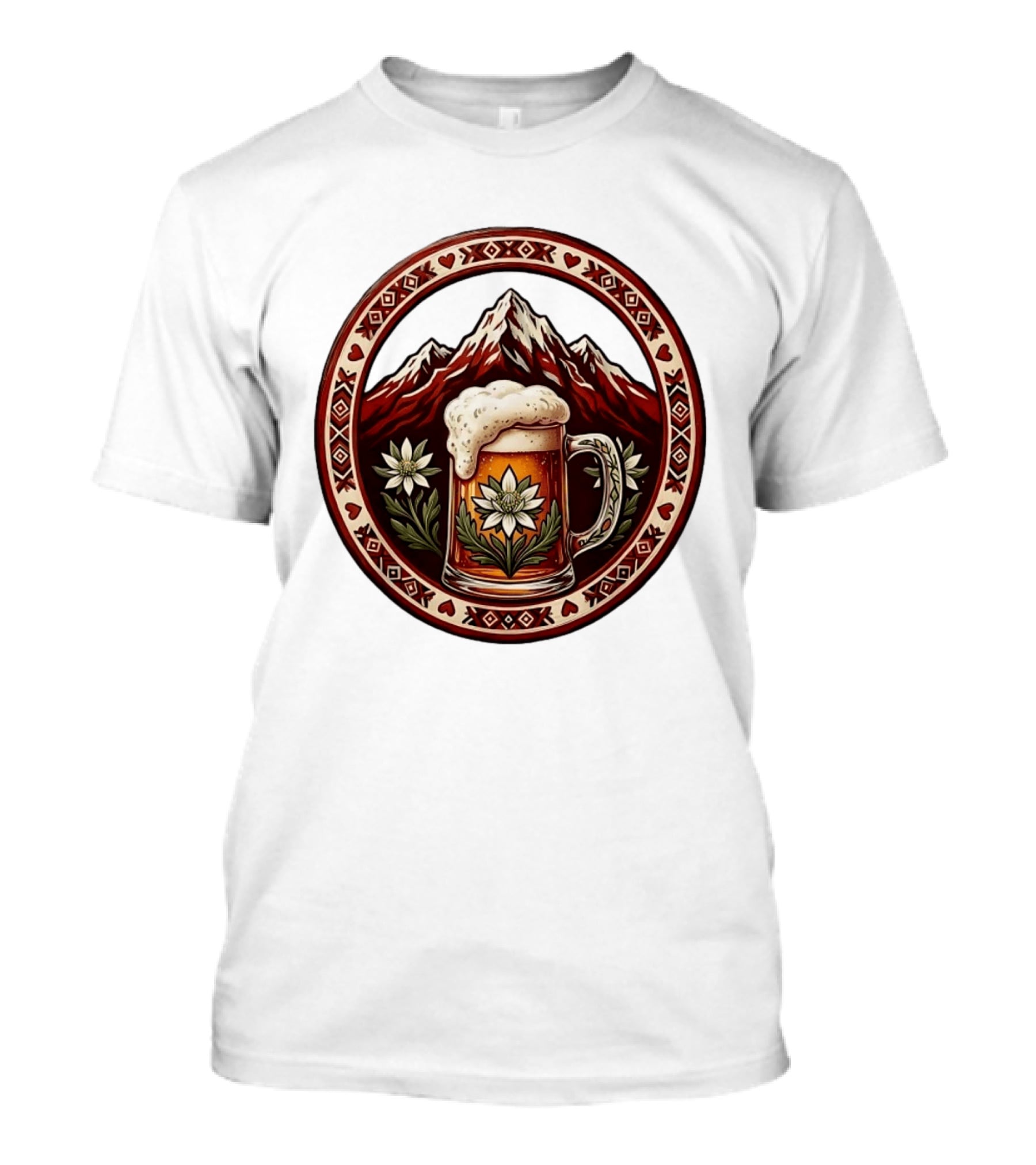 Alpine Beer Edelweiss Mountain Peaks Bavarian Heart Border T-Shirt
