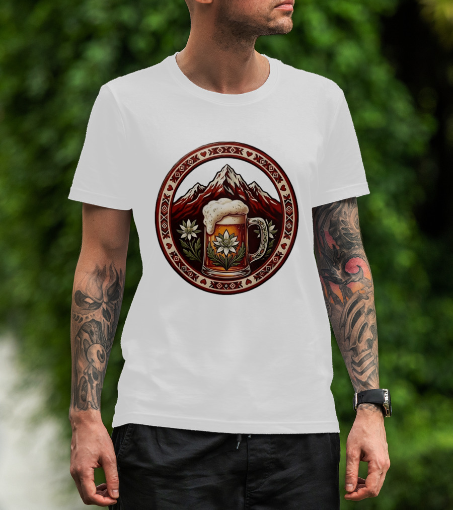Alpine Beer Edelweiss Mountain Peaks Bavarian Heart Border T-Shirt