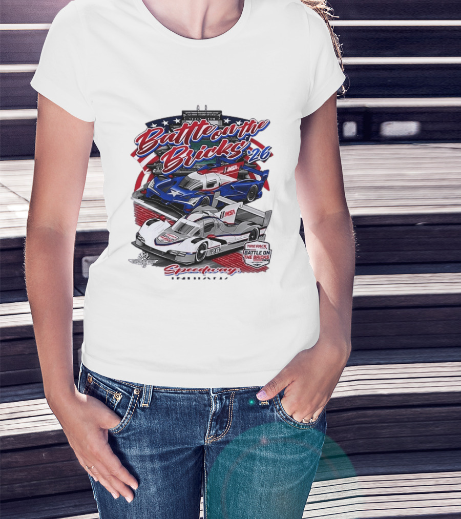 Battle On The Bricks '26 IMSA Indianapolis Motor Speedway Tire Rack Racing Cars T-Shirt