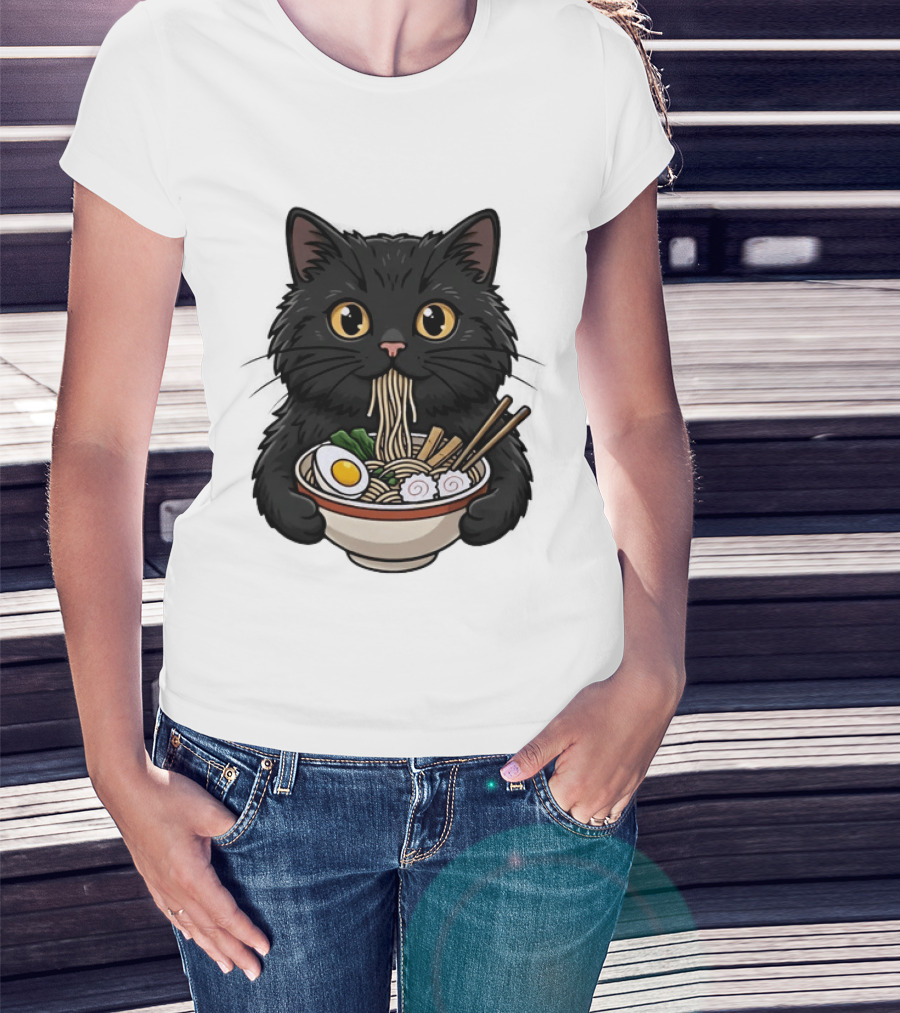 Black Cat Enjoying Ramen Noodles Anime T-Shirt
