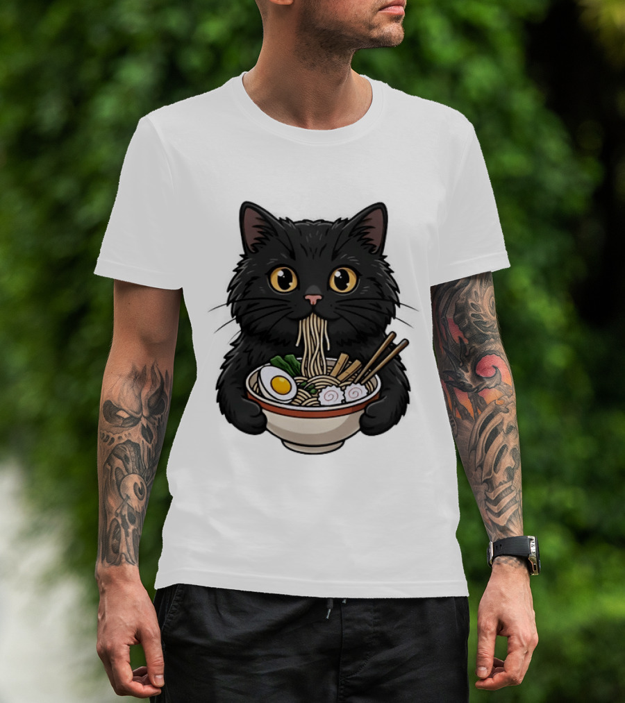 Black Cat Enjoying Ramen Noodles Anime T-Shirt