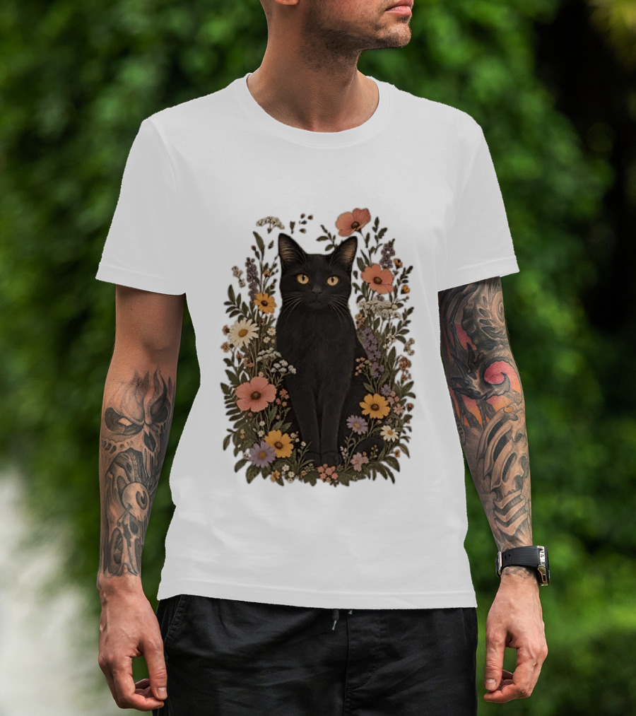 Black Cat In Blooming Garden Of Wildflowers T-Shirt