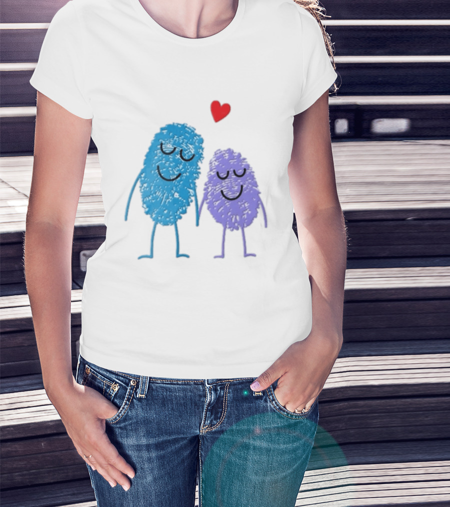 Blue Purple Fingerprint Characters Holding Hands Red Heart Cartoon T-Shirt