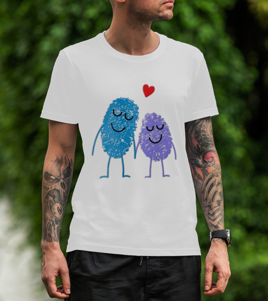 Blue Purple Fingerprint Characters Holding Hands Red Heart Cartoon T-Shirt