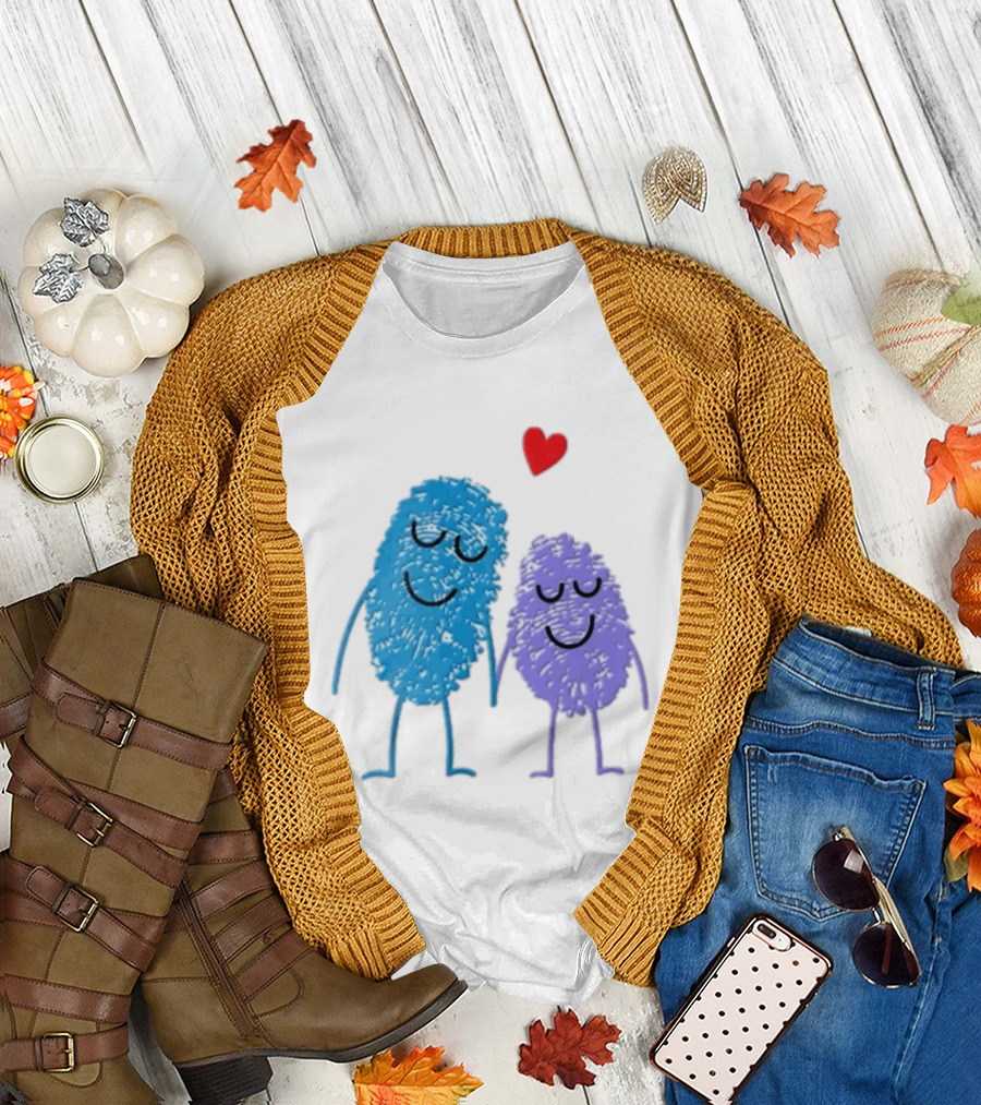 Blue Purple Fingerprint Characters Holding Hands Red Heart Cartoon T-Shirt