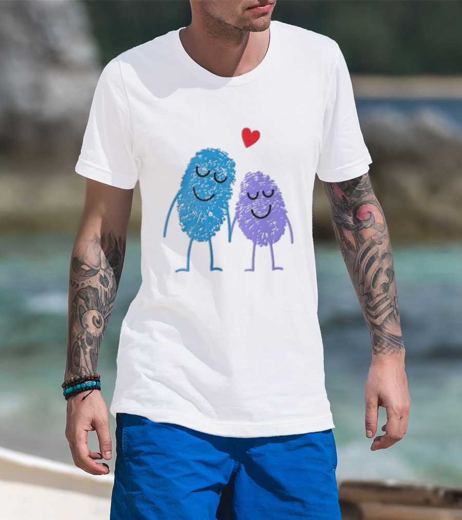 Blue Purple Fingerprint Characters Holding Hands Red Heart Cartoon T-Shirt