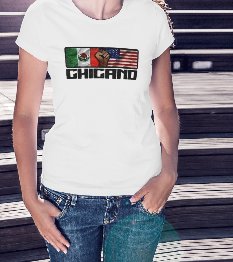 Chicano Mexican And American Flags With Raised Fist T-Shirt