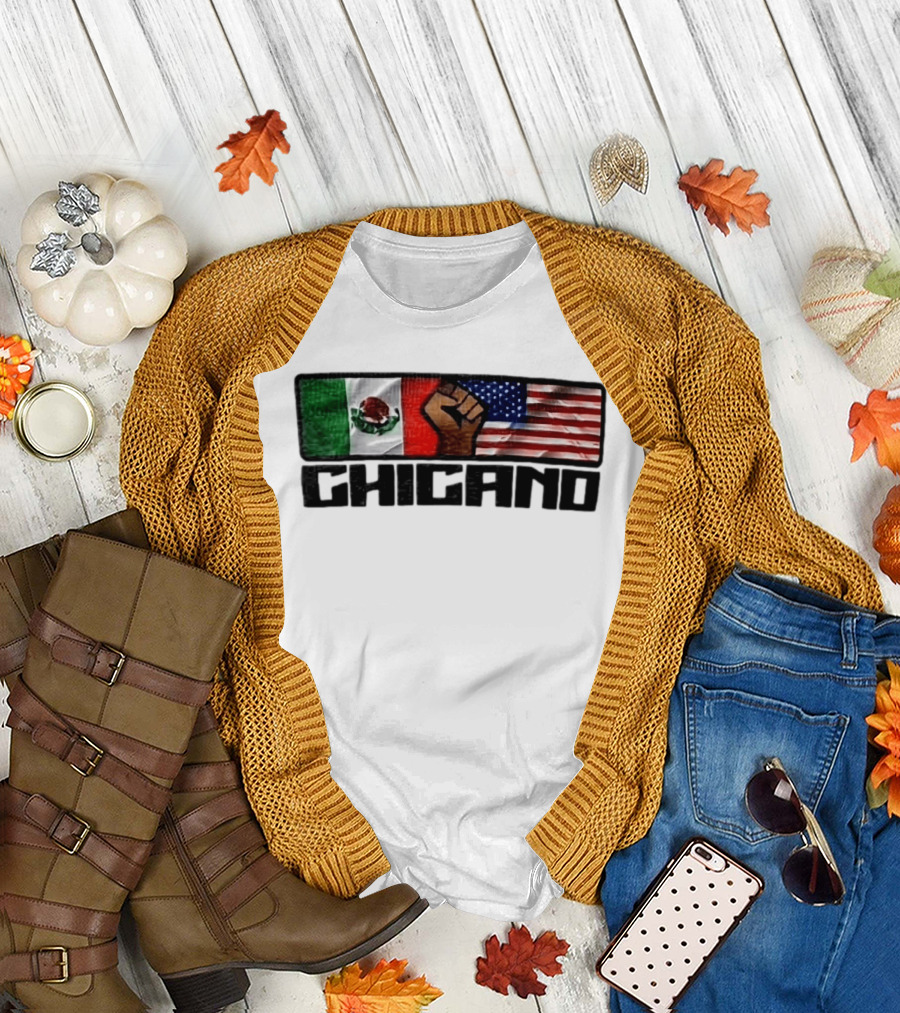 Chicano Mexican And American Flags With Raised Fist T-Shirt
