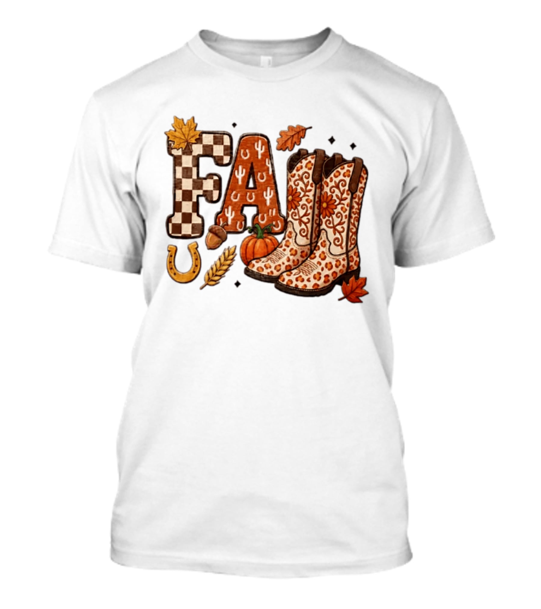 Fall Western Cowboy Boots Pumpkin Horseshoe Wheat Harvest Season T-Shirt