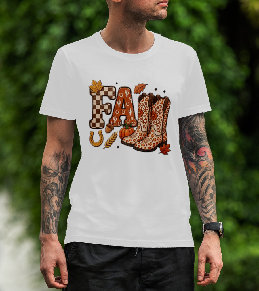 Fall Western Cowboy Boots Pumpkin Horseshoe Wheat Harvest Season T-Shirt
