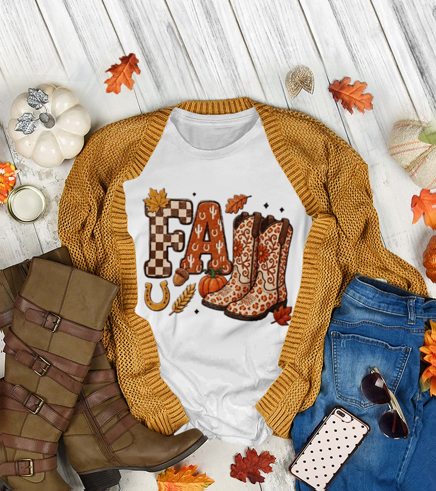 Fall Western Cowboy Boots Pumpkin Horseshoe Wheat Harvest Season T-Shirt