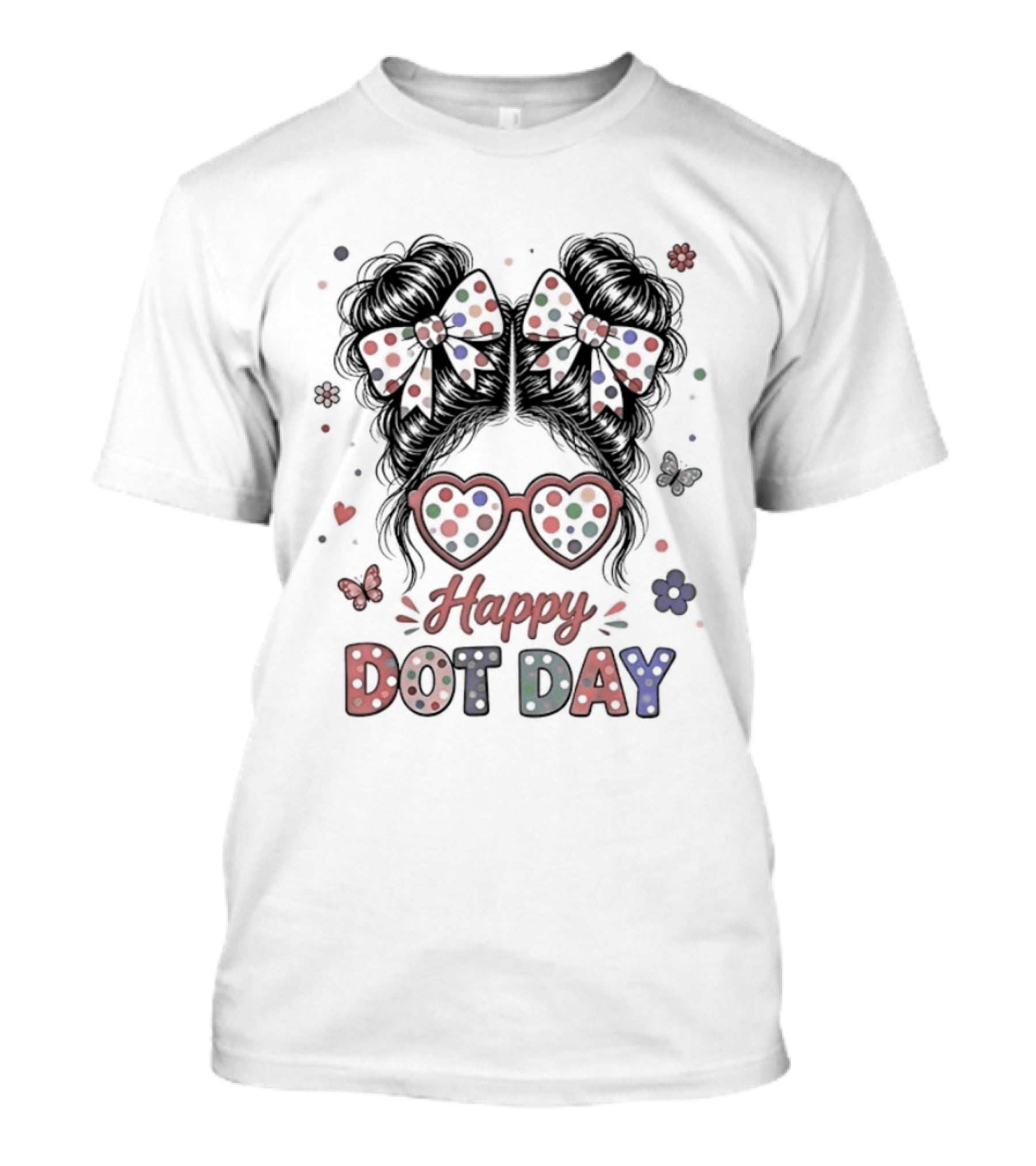 Happy Dot Day Colorful Polka Dot Messy Bun Bow Glasses T-Shirt