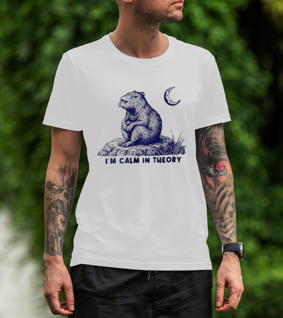 I'm Calm In Theory Capybara Sitting On Rock Under Crescent Moon T-Shirt