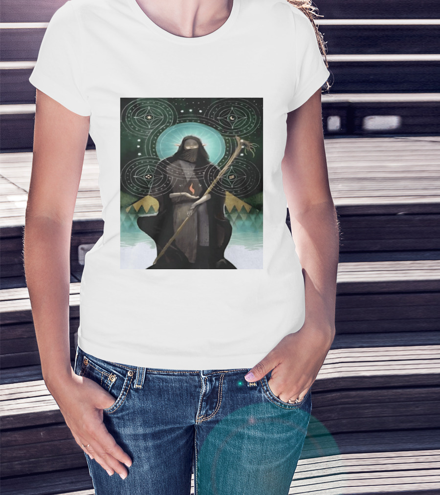 Mystical Elf Mage Staff Elemental Magic Symbols Enchanted Circles T-Shirt