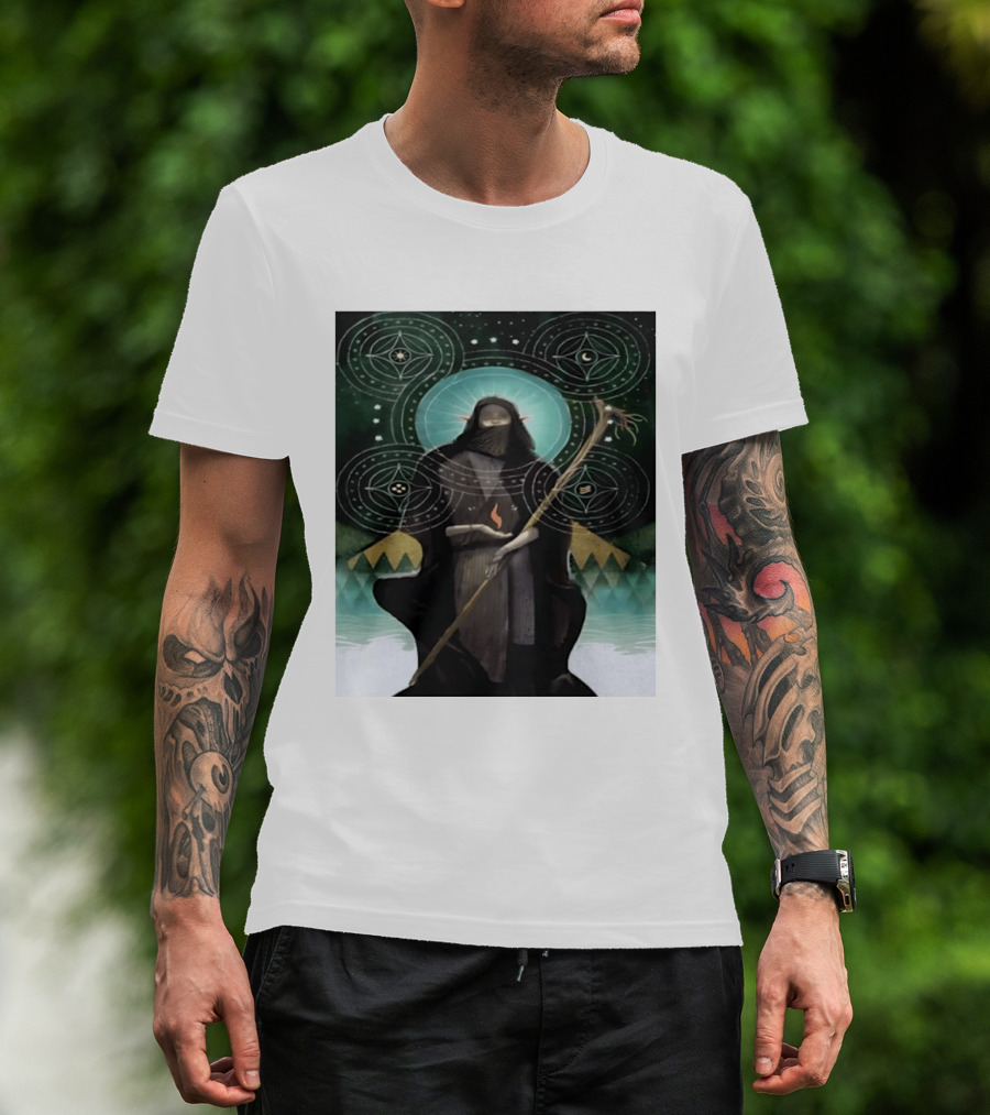 Mystical Elf Mage Staff Elemental Magic Symbols Enchanted Circles T-Shirt