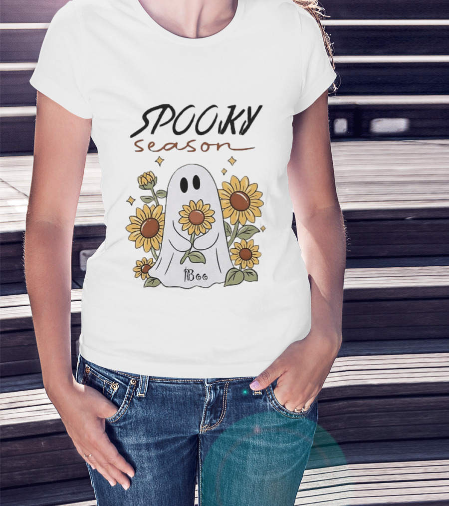 Spooky Season Ghost With Sunflowers Halloween Sunflower Ghost T-Shirt