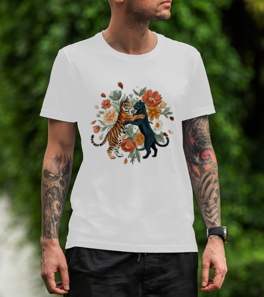 Tiger Black Panther Embrace Floral Bouquet Watercolor T-Shirt