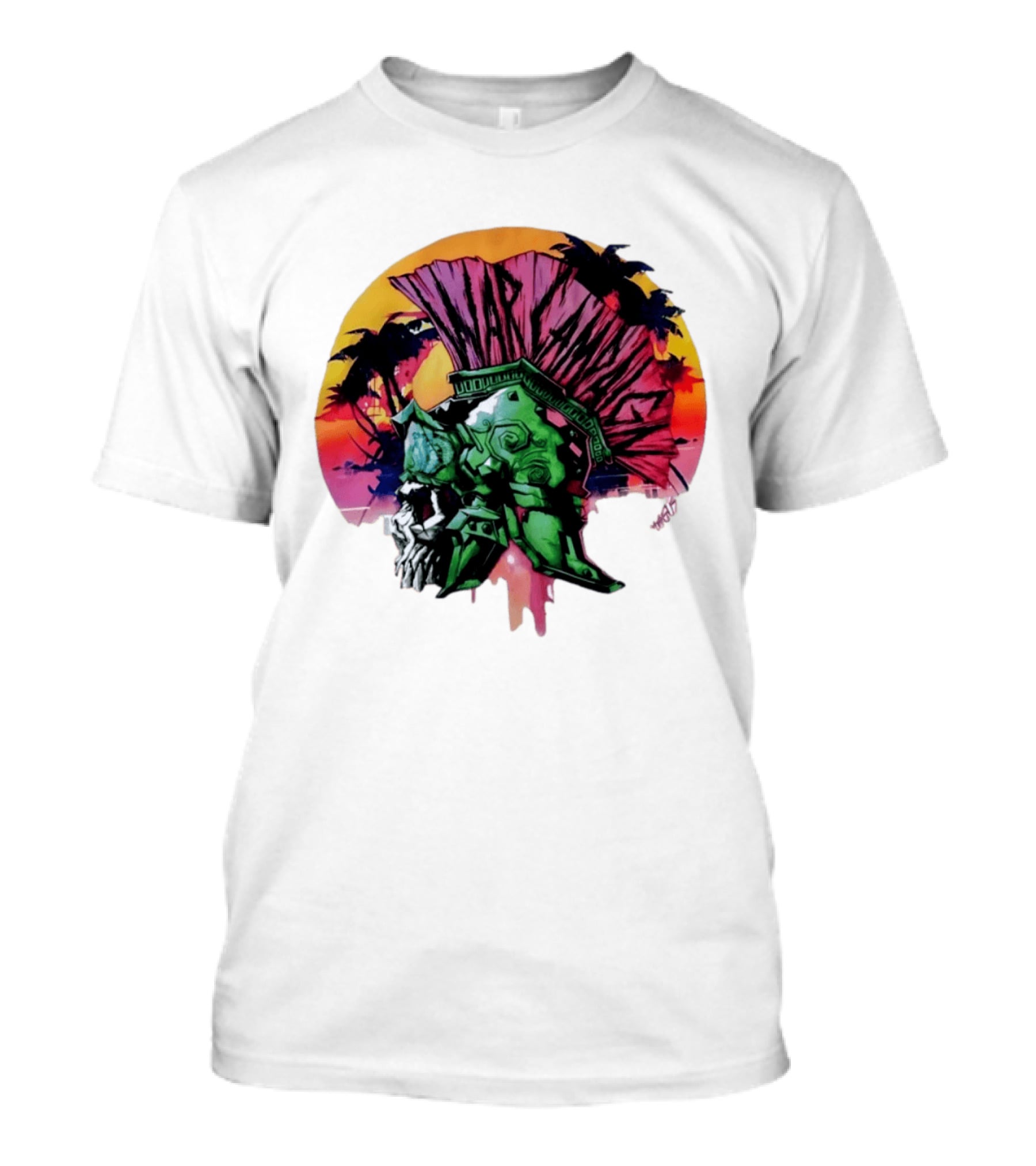 Warcraft Skull Spartan Helmet Tropical Sunset T-Shirt