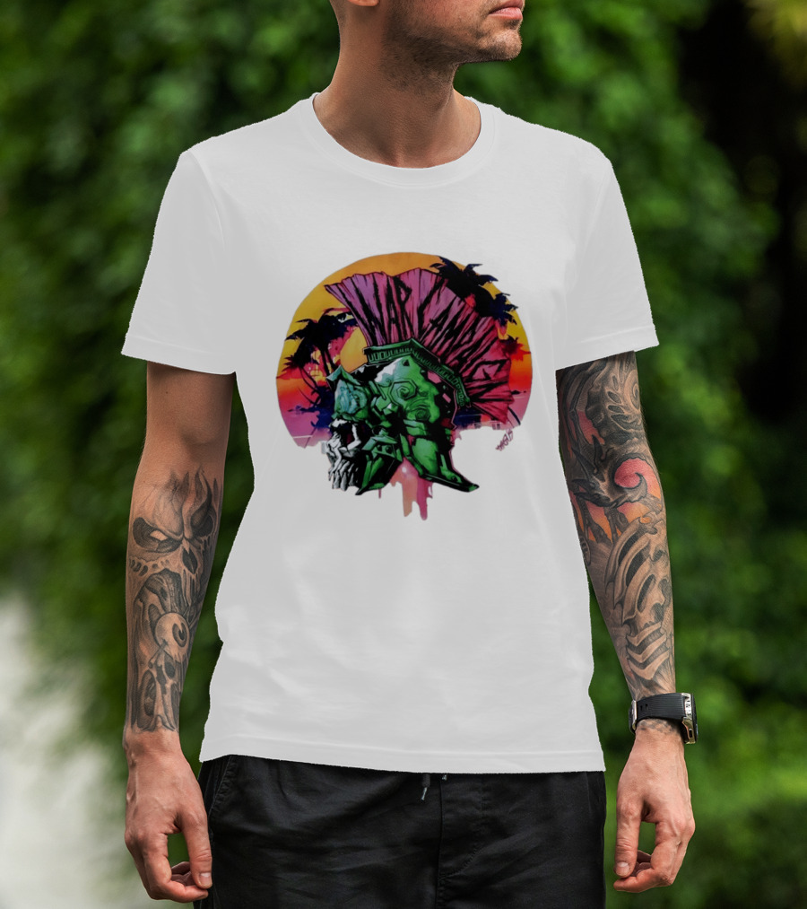 Warcraft Skull Spartan Helmet Tropical Sunset T-Shirt