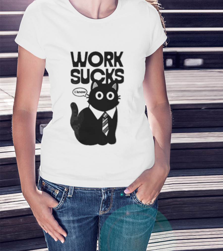 Work Sucks I Know Cartoon Black Cat T-Shirt