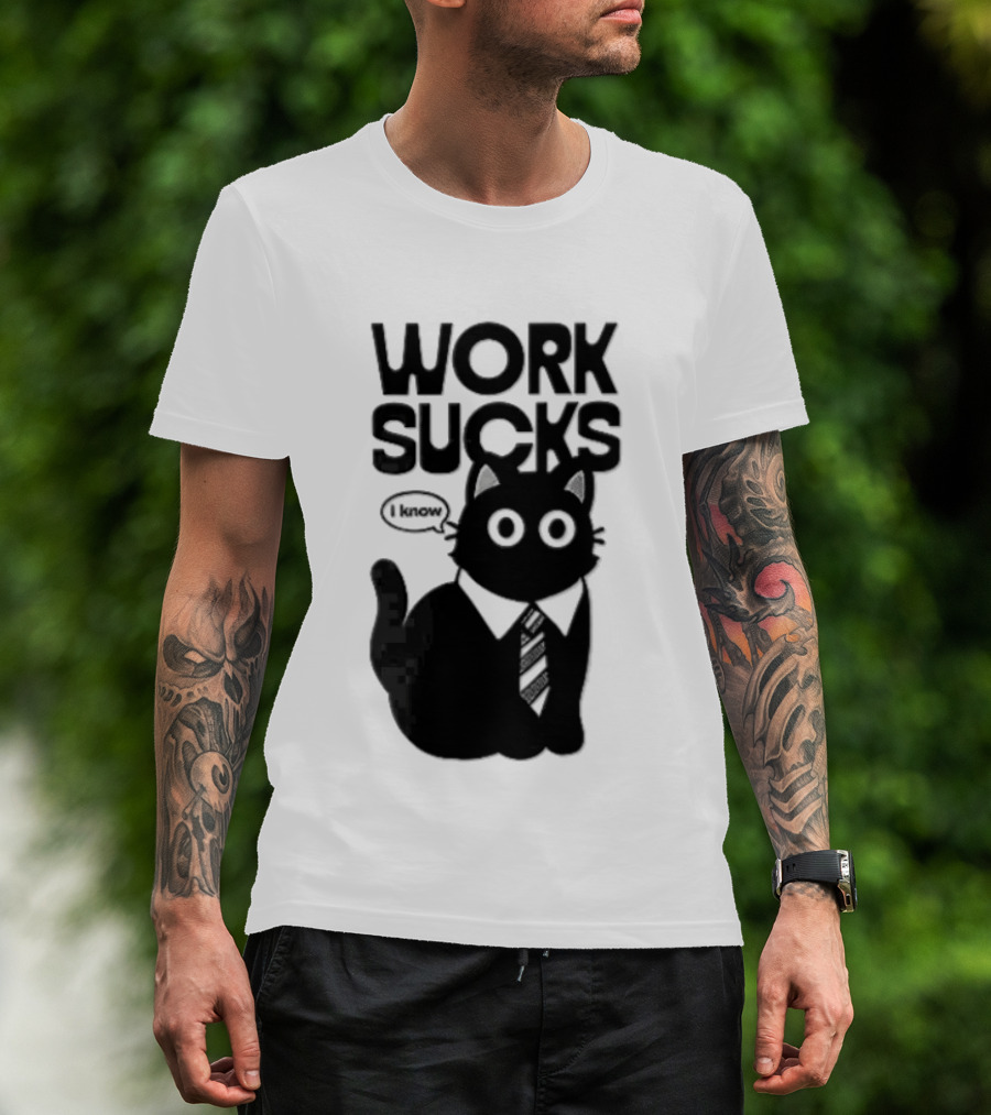 Work Sucks I Know Cartoon Black Cat T-Shirt
