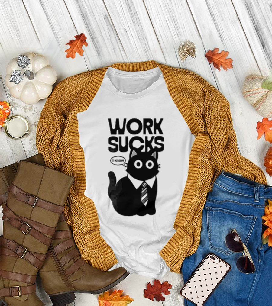 Work Sucks I Know Cartoon Black Cat T-Shirt