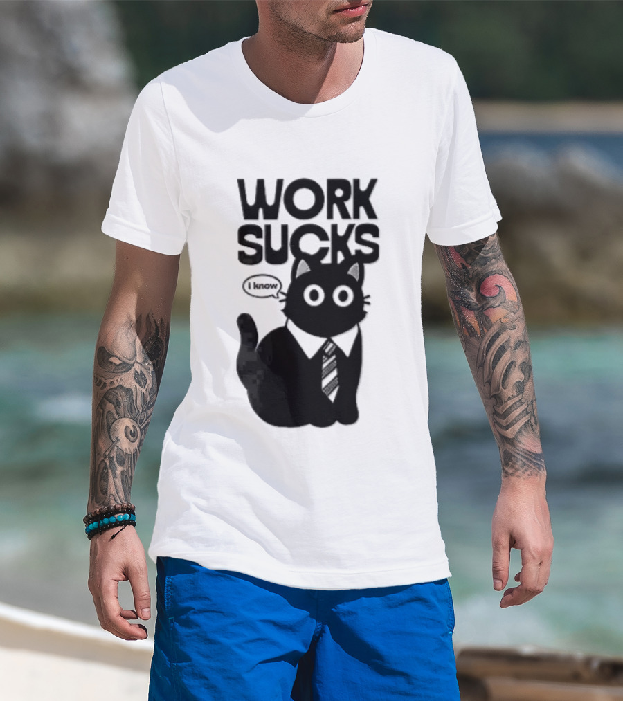 Work Sucks I Know Cartoon Black Cat T-Shirt