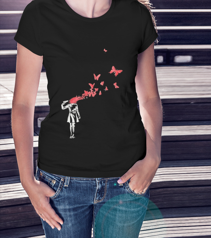 Banksy Girl Red Butterfly Burst Explosion T-Shirt