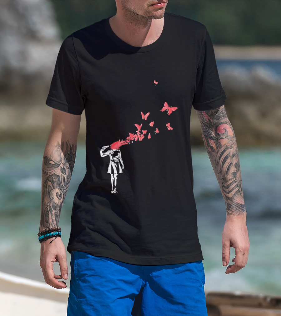 Banksy Girl Red Butterfly Burst Explosion T-Shirt