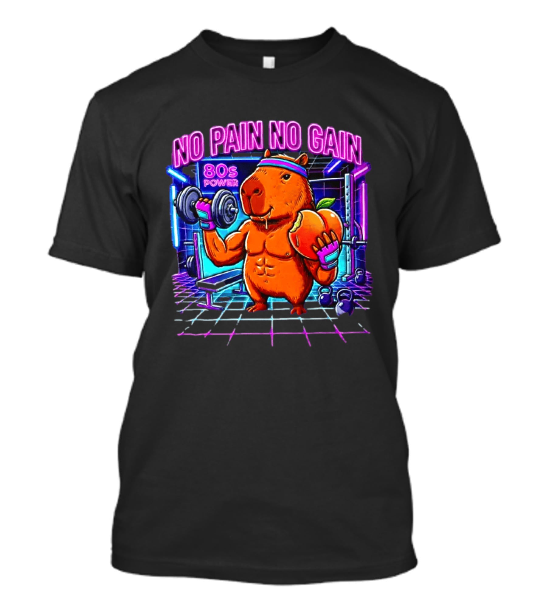 Capybara No Pain No Gain 80s Power Lifting Fitness Workout Gym T-Shirt