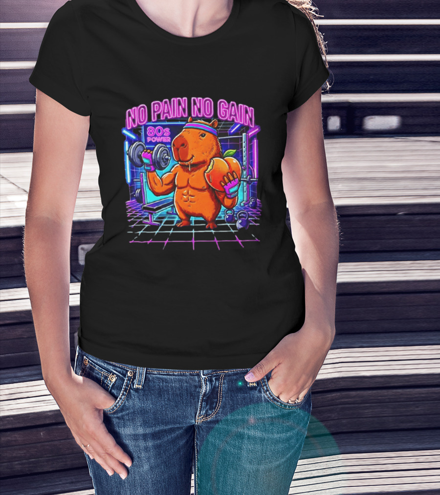 Capybara No Pain No Gain 80s Power Lifting Fitness Workout Gym T-Shirt