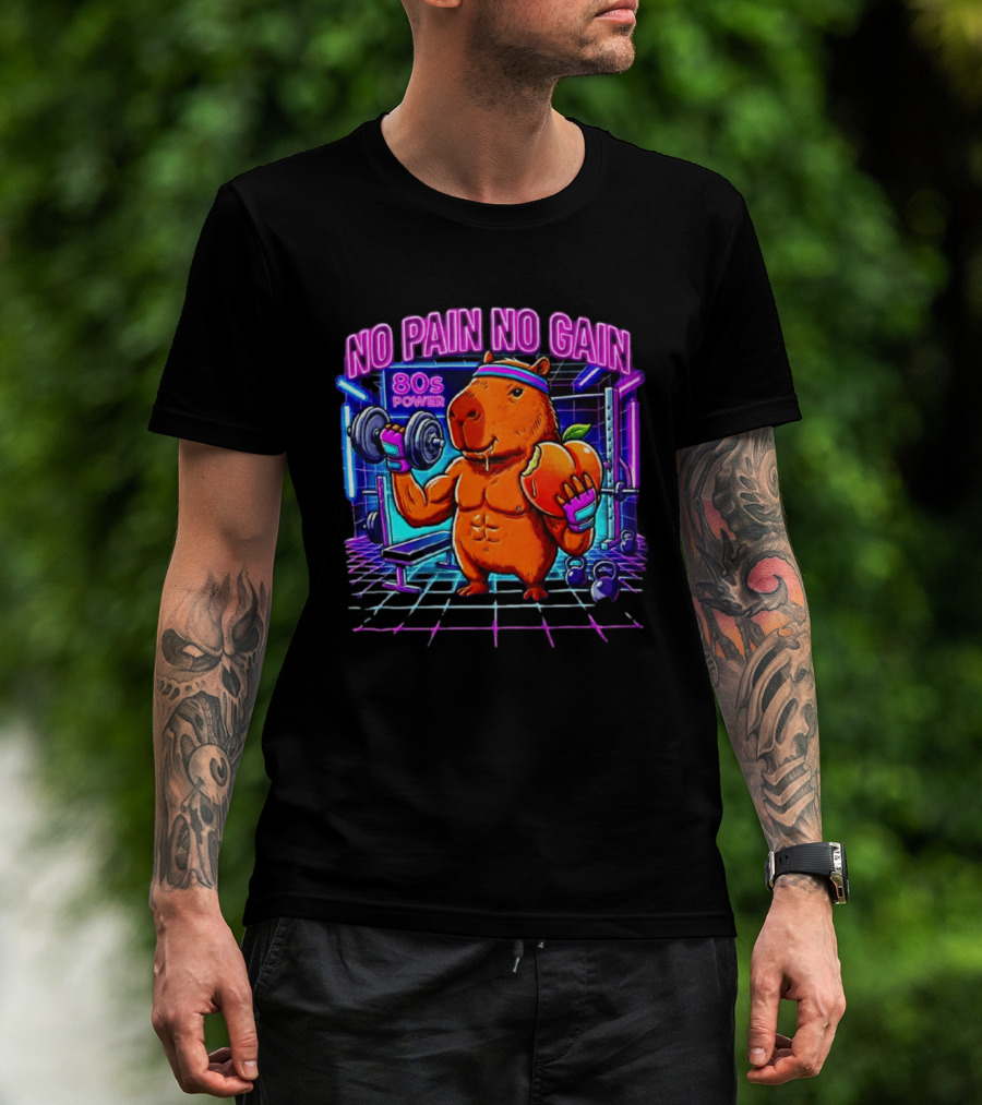 Capybara No Pain No Gain 80s Power Lifting Fitness Workout Gym T-Shirt