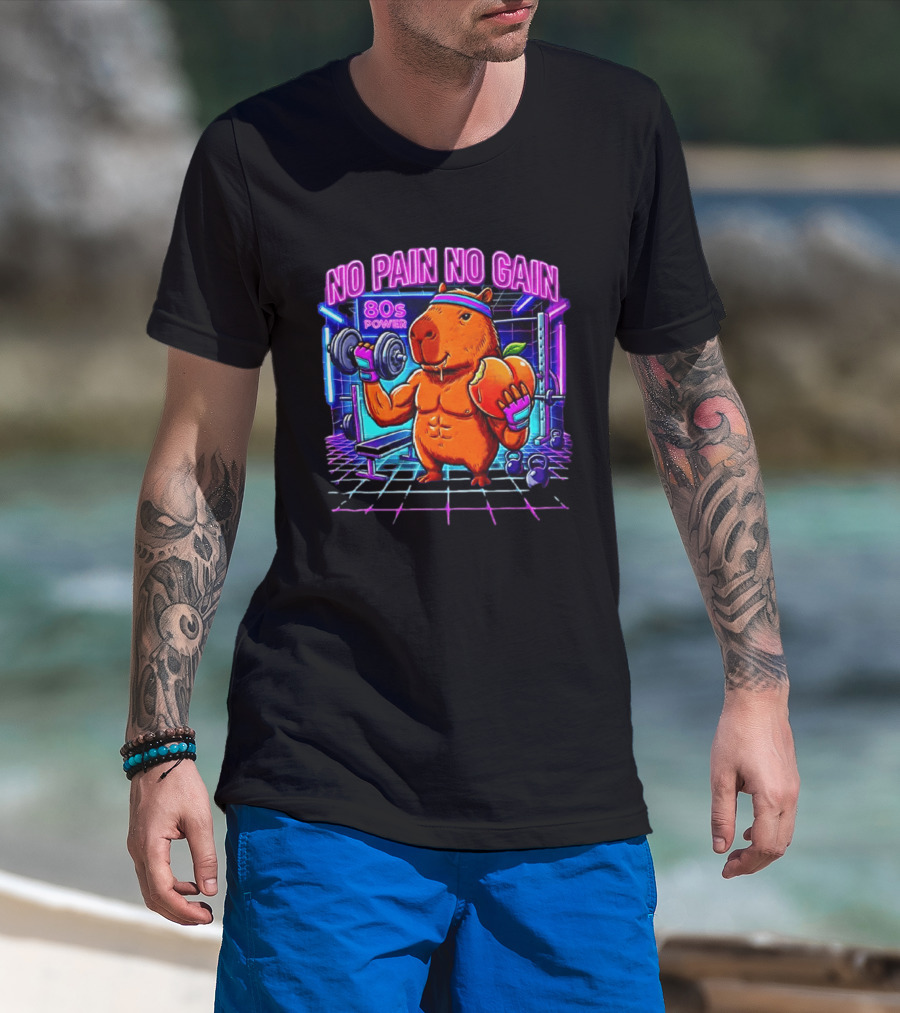 Capybara No Pain No Gain 80s Power Lifting Fitness Workout Gym T-Shirt