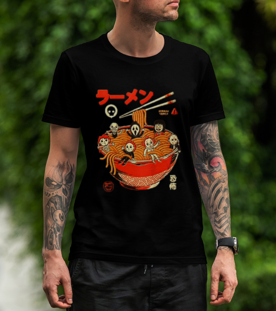 Chucky Ghostface Kayako Michael Myers Pennywise Jason Voorhees Ramen Horror Characters Eat Scream T-Shirt