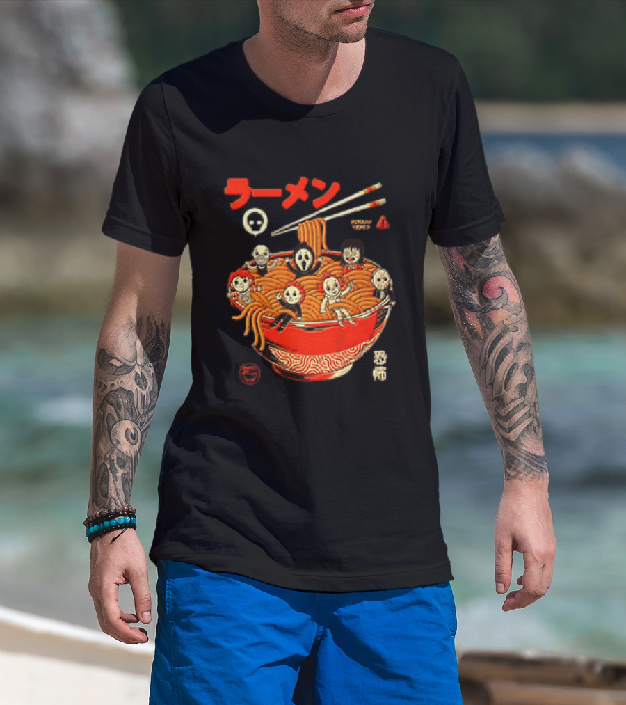 Chucky Ghostface Kayako Michael Myers Pennywise Jason Voorhees Ramen Horror Characters Eat Scream T-Shirt