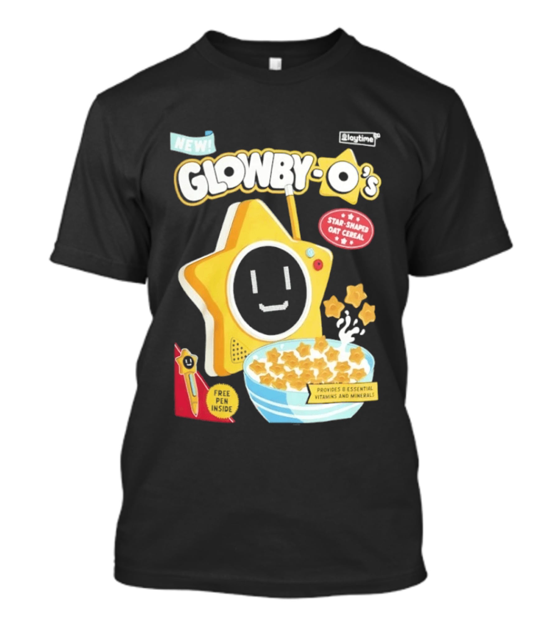 NEW Playtime Co Glowby O's Star Shaped Oat Cereal Box With Smiling Star And Bowl Of Cereal Bites T-Shirt