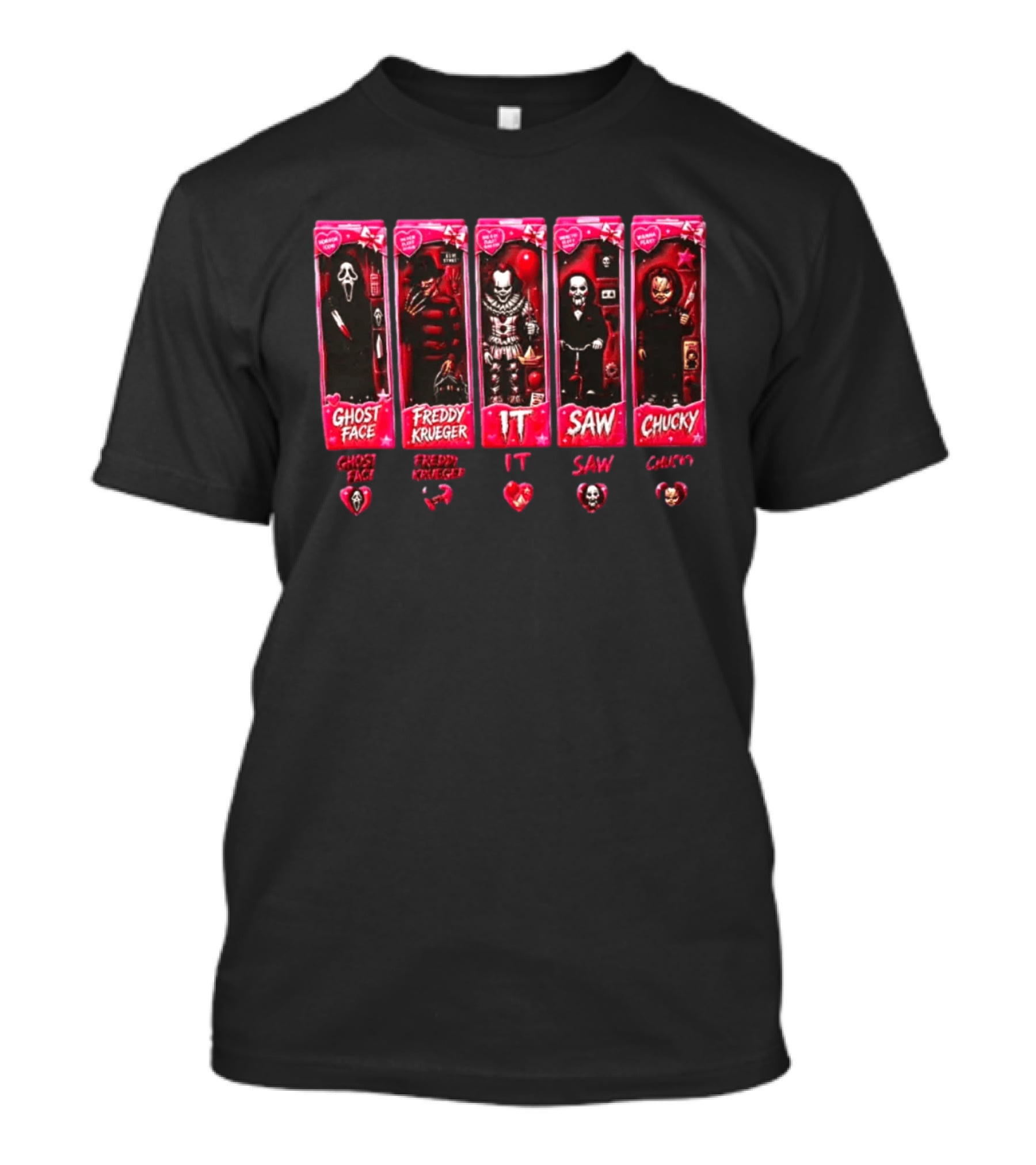 Ghost Face Freddy Krueger IT Saw Chucky Horror Characters Cards Collectible Toy Box Hearts T-Shirt