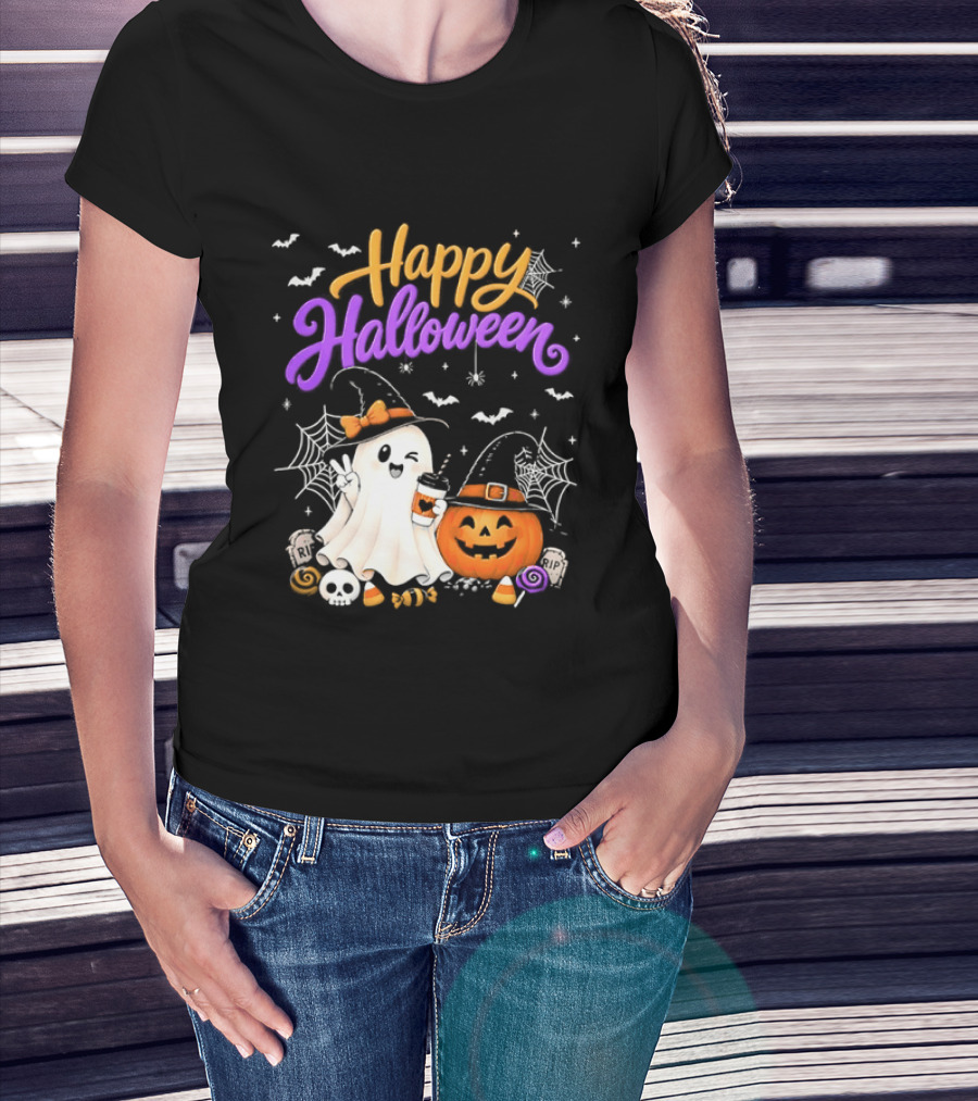 Happy Halloween Ghost Pumpkin Candy And Spider Webs T-Shirt