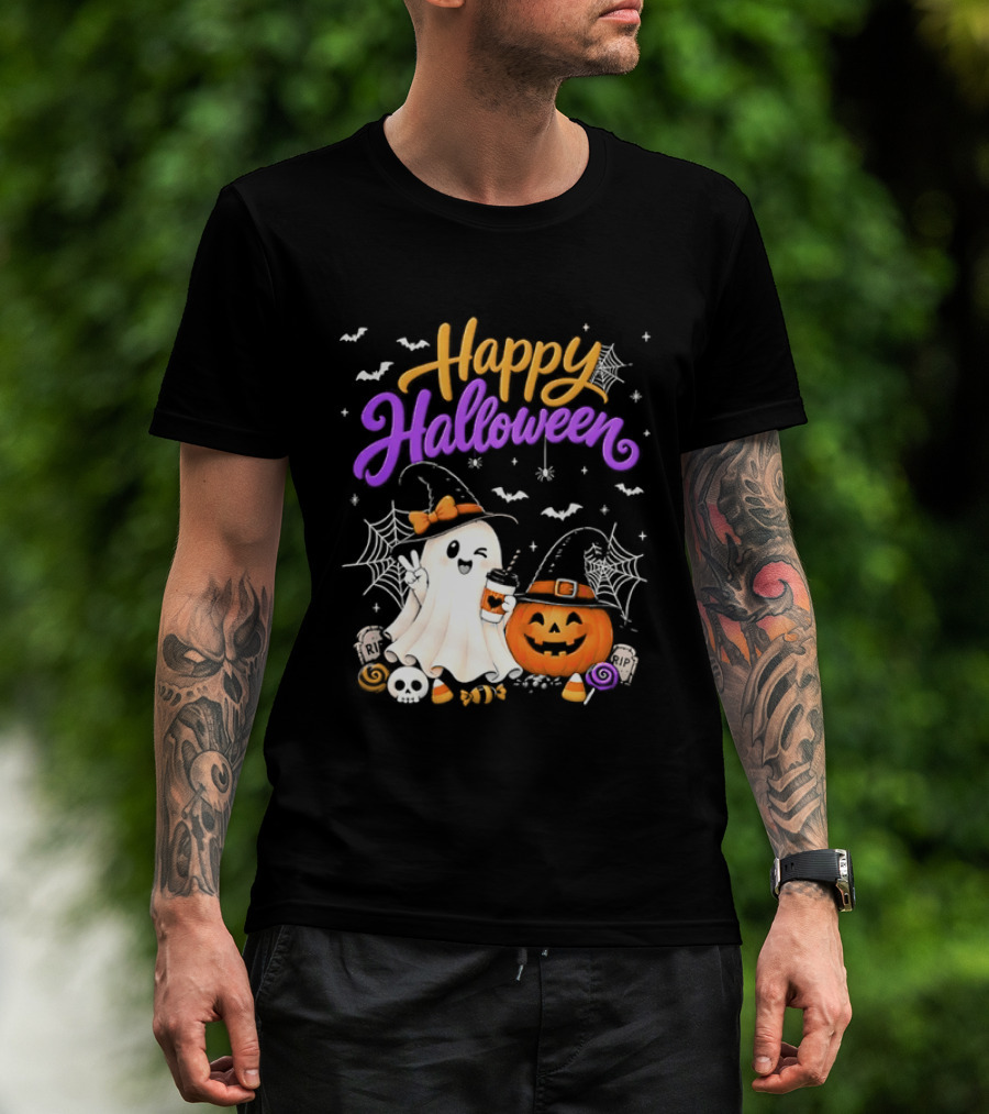 Happy Halloween Ghost Pumpkin Candy And Spider Webs T-Shirt