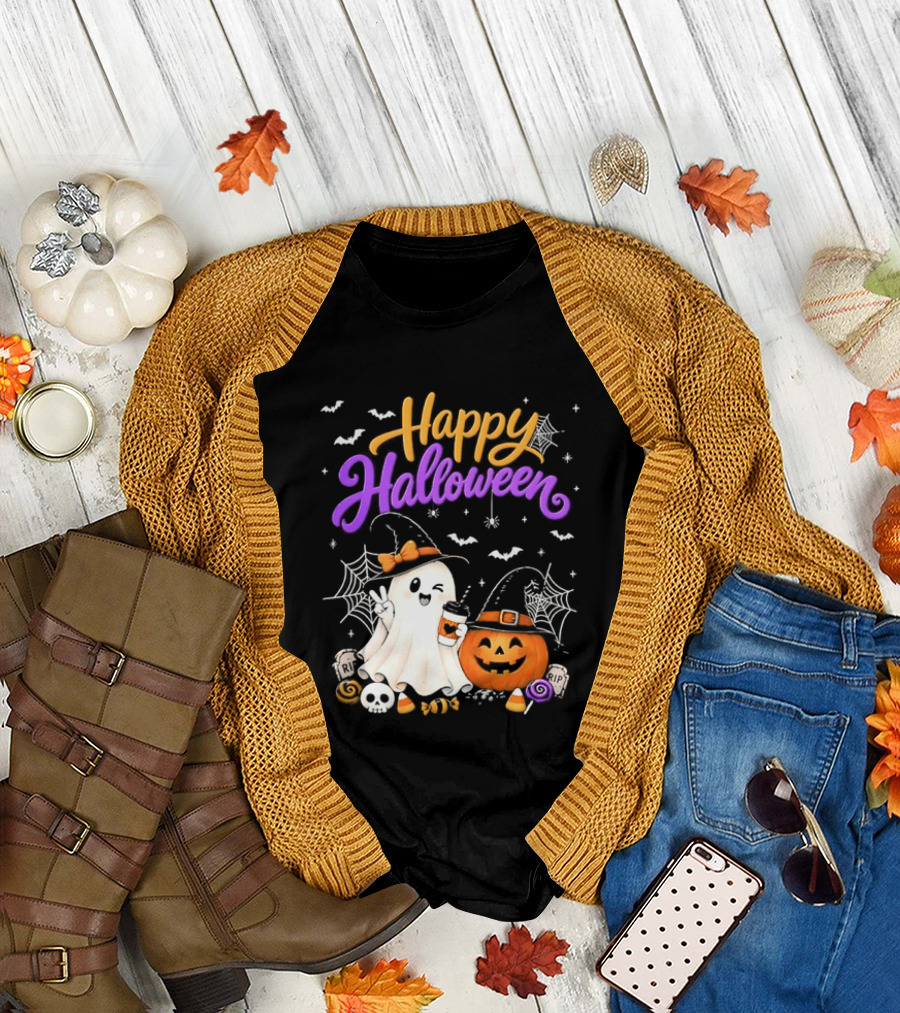 Happy Halloween Ghost Pumpkin Candy And Spider Webs T-Shirt