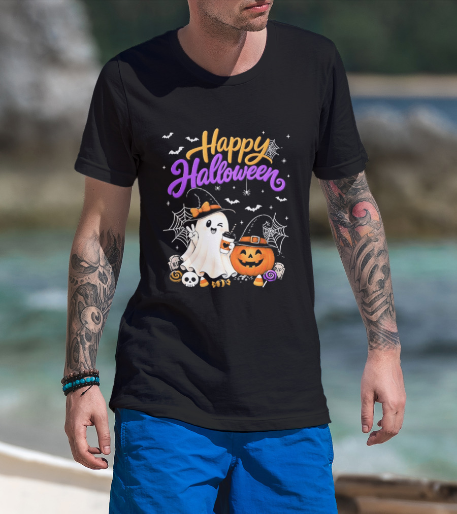 Happy Halloween Ghost Pumpkin Candy And Spider Webs T-Shirt