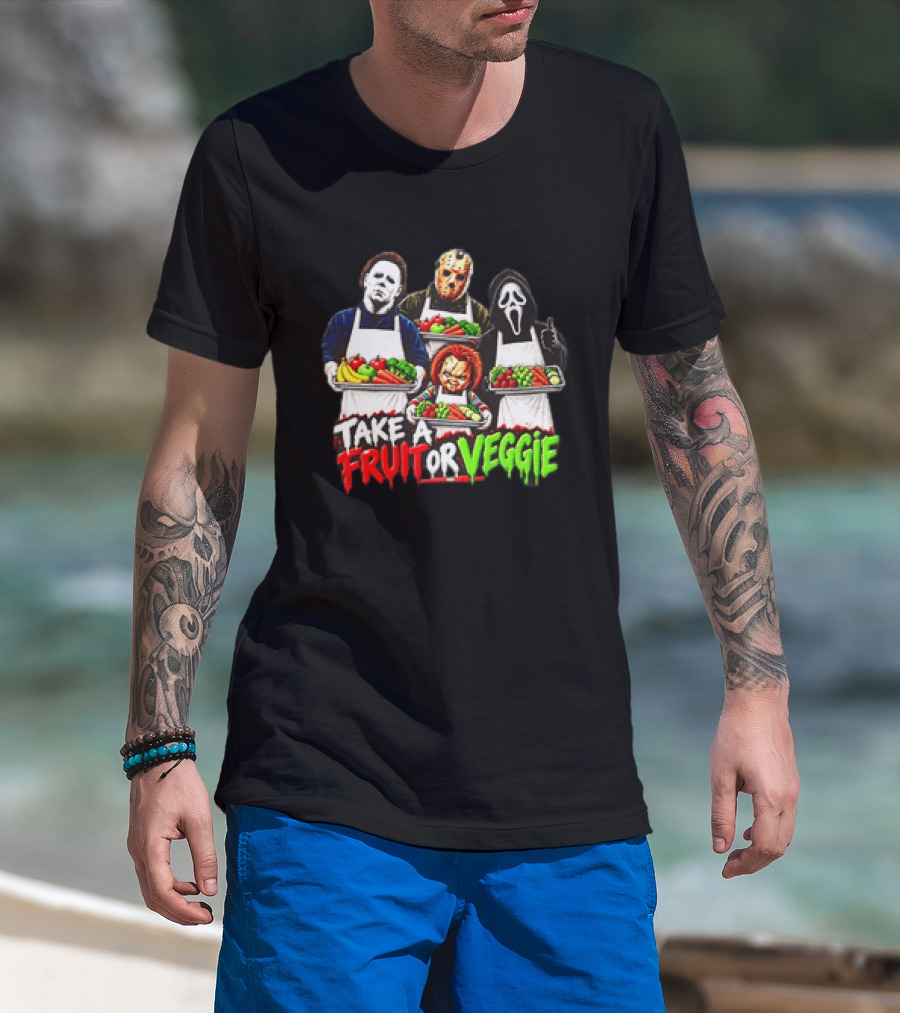 Michael Myers Jason Voorhees Ghostface Chucky Horror Movie Take A Fruit Or Veggie T-Shirt