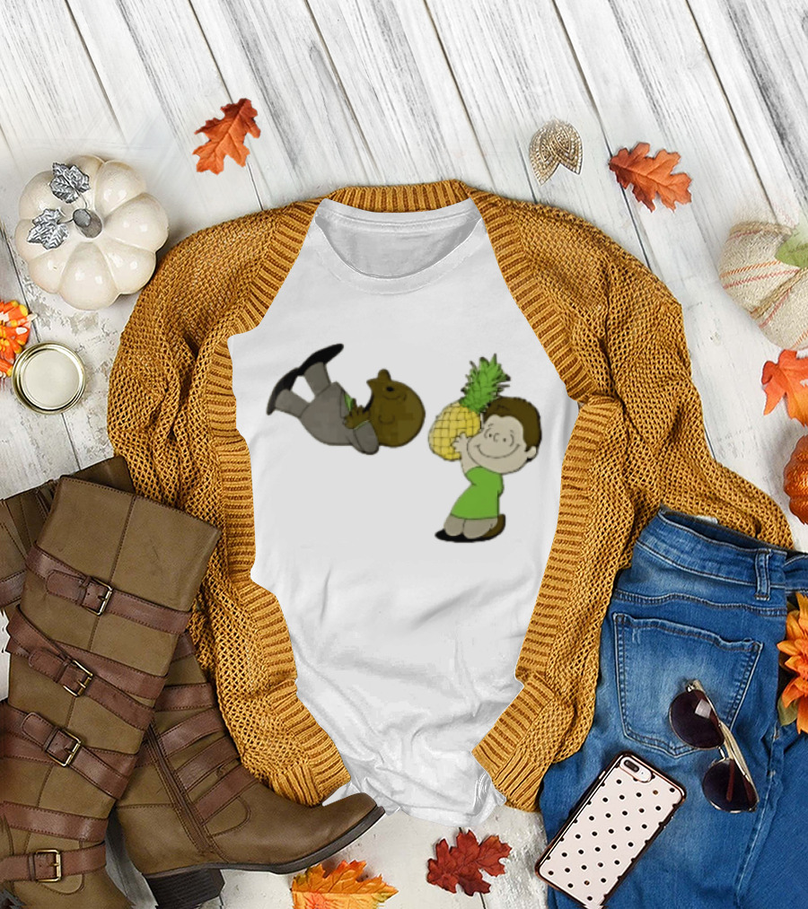 Cartoon Smiling Boy With Upside Down Pineapple Suit Person T-Shirt