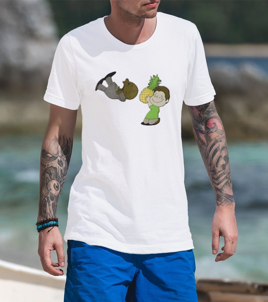 Cartoon Smiling Boy With Upside Down Pineapple Suit Person T-Shirt