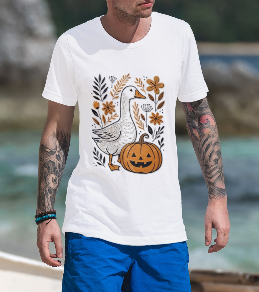 Goose With Jack O' Lantern Pumpkin Autumn Leaves And Flowers T-Shirt
