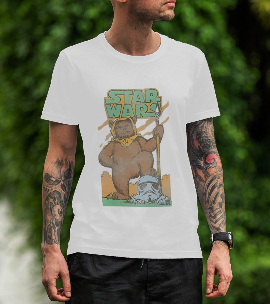 Star Wars Ewok Holding Spear With Stormtrooper Helmet T-Shirt