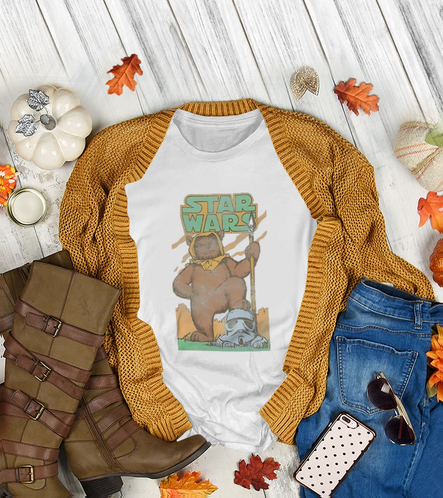 Star Wars Ewok Holding Spear With Stormtrooper Helmet T-Shirt