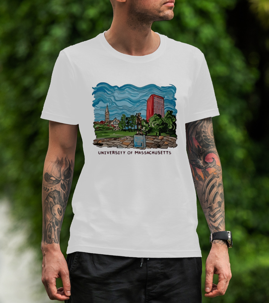University Of Massachusetts Landmark Campus Scene Tower And Trees T-Shirt