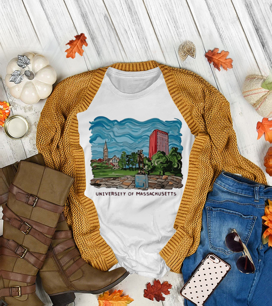 University Of Massachusetts Landmark Campus Scene Tower And Trees T-Shirt