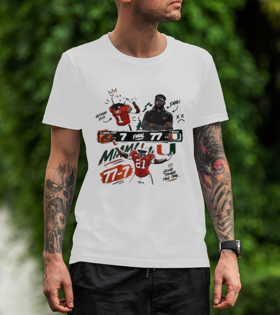 Miami 77 Final Florida A&M 7 College Football Game Highlights T-Shirt